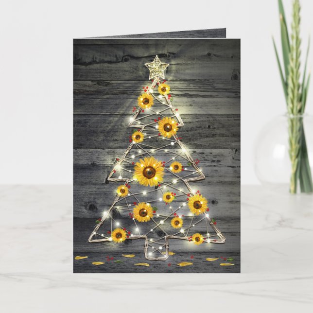 Tarjeta Festividad de árbol navideño de girasol de madera  (Anverso)