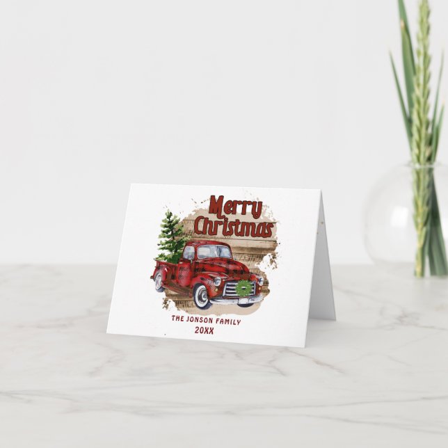 Tarjeta Festividad de camionetas rojas clásicas Navidades  (Anverso)
