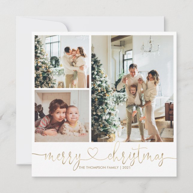 Tarjeta Festividad de fotos navideñas de Heart Script Gold (Anverso)