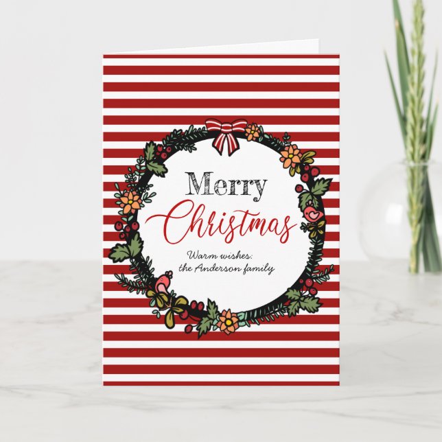 Tarjeta Festividad de las franjas rojas Holly Wreath Feliz (Anverso)