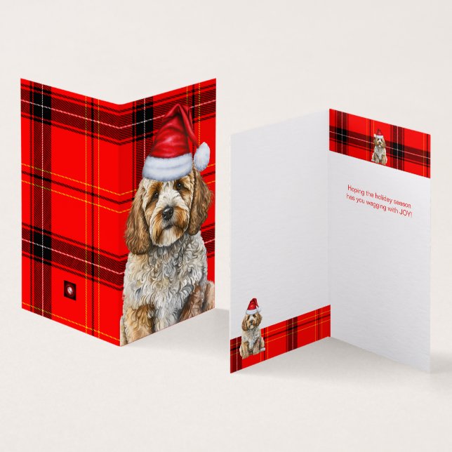 Tarjeta Festividad de los Navidades de Cockapoo Dog Red Bl (Interior y exterior)