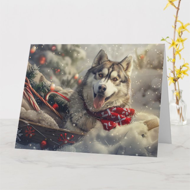 Tarjeta Festividad de los Navidades de Husky Dog en Siberi (flor amarilla)