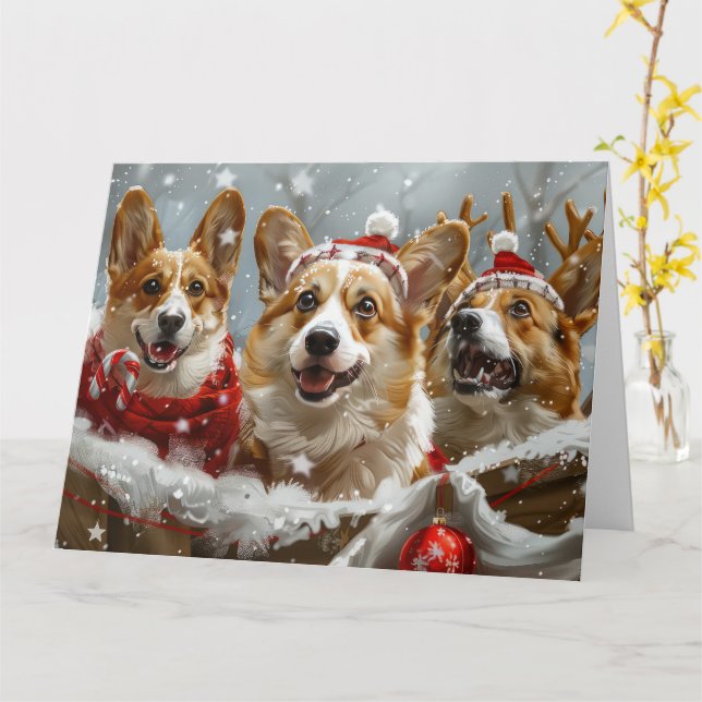 Tarjeta Festividad de los Navidades de perro de Corgi (flor amarilla)