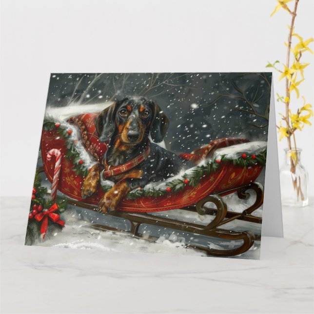 Tarjeta Festividad de los Navidades de perro de Dachshund (flor amarilla)