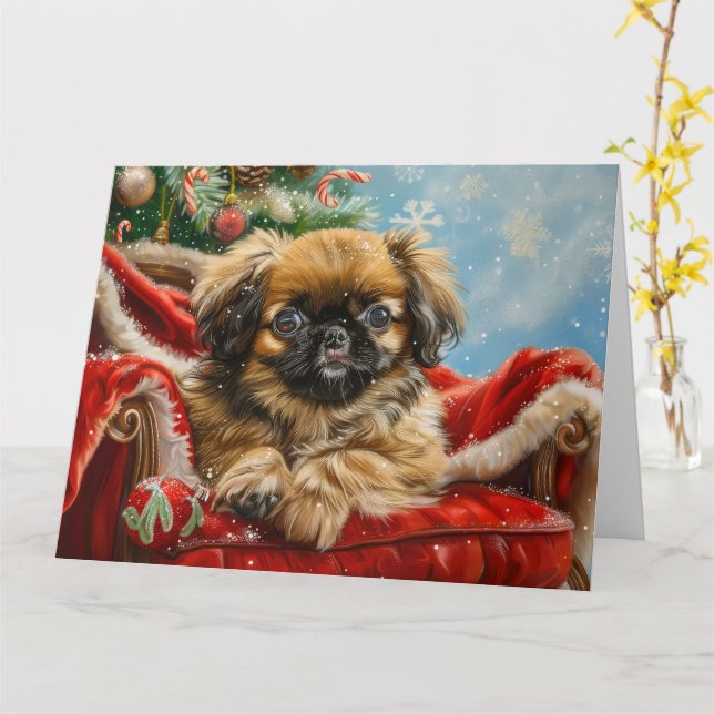 Tarjeta Festividad de los Navidades de perro de Pekín (flor amarilla)