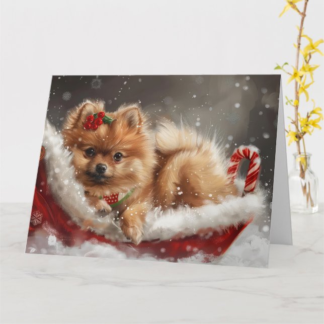 Tarjeta Festividad de los Navidades de perro de Pomerania (flor amarilla)