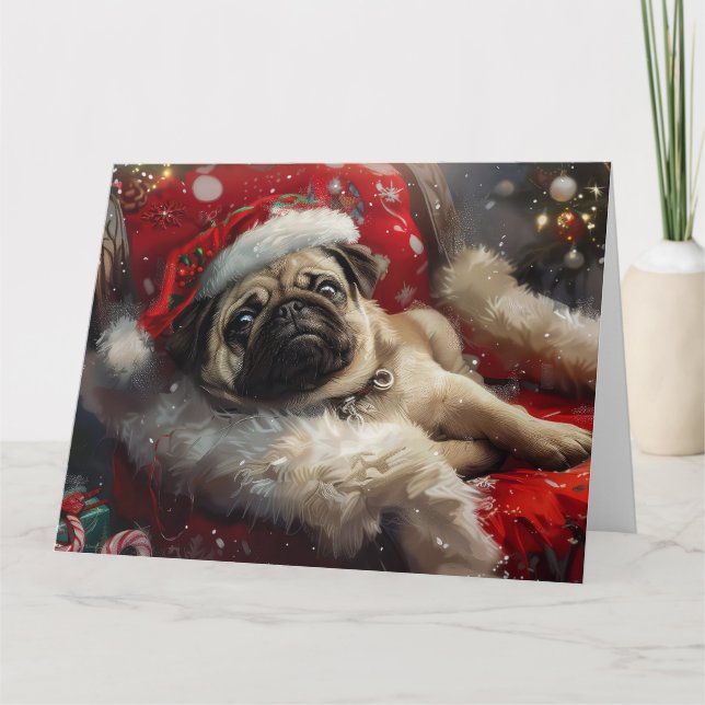 Tarjeta Festividad de los Navidades de perro de pug (Anverso)