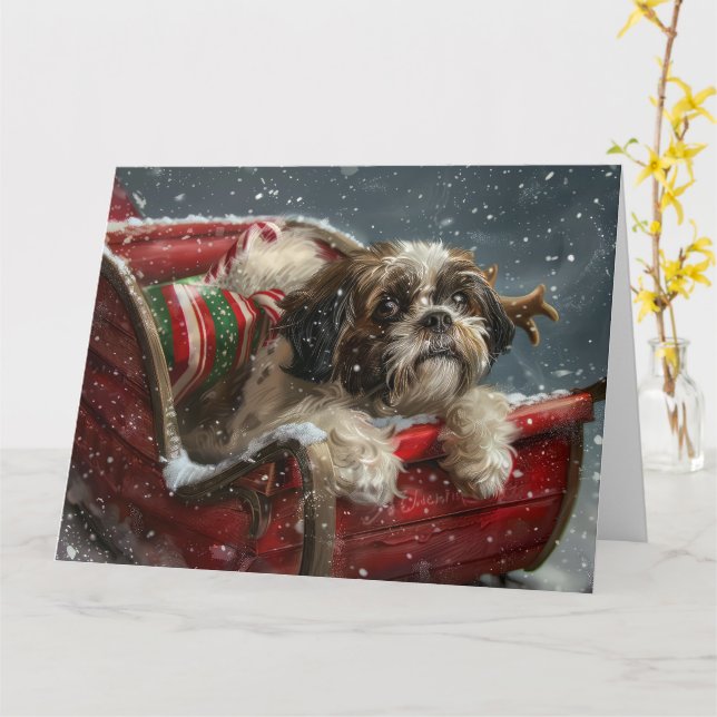 Tarjeta Festividad de los Navidades de perro de Shih Tzu (flor amarilla)