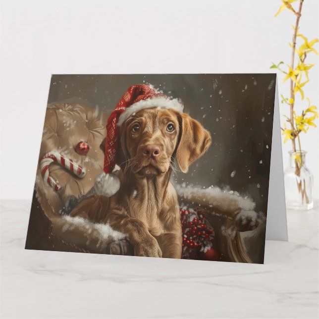 Tarjeta Festividad de los Navidades de perro de Vizsla (flor amarilla)