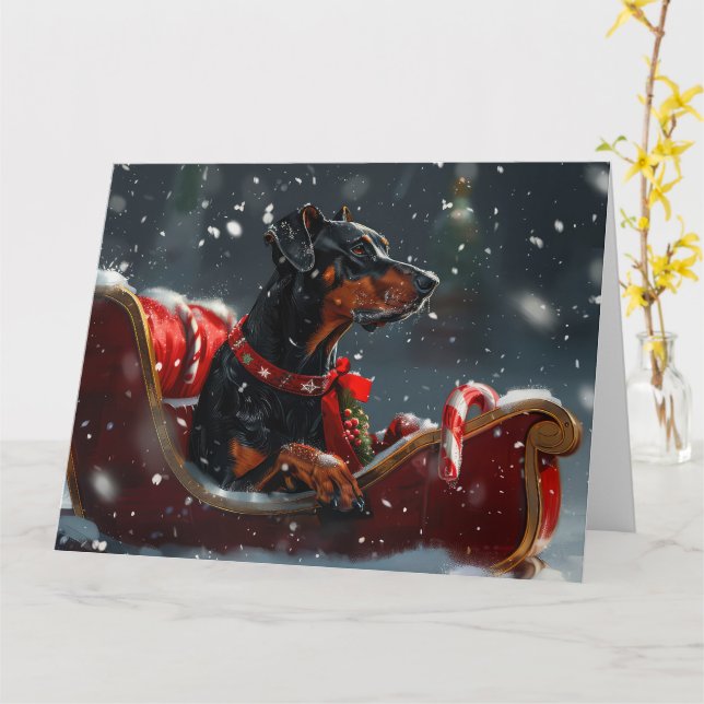 Tarjeta Festividad de Navidades de perro de Doberman (flor amarilla)