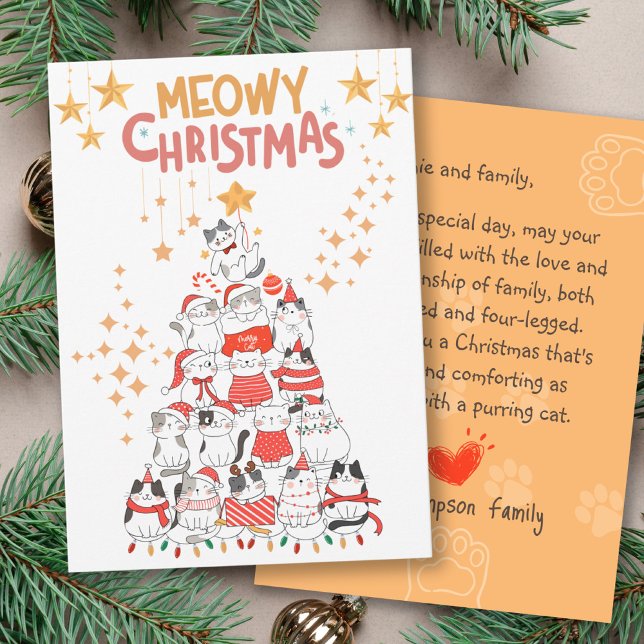 Tarjeta Festividad de Navidades Meowy del árbol de navidad (Funny Cats Xmas Tree Meowy Christmas Flat Card (Front))