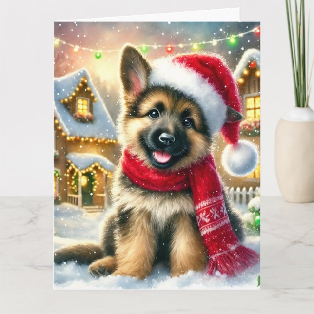 Tarjeta Festividad de pastor alemán en aldea de Navidades (Anverso)