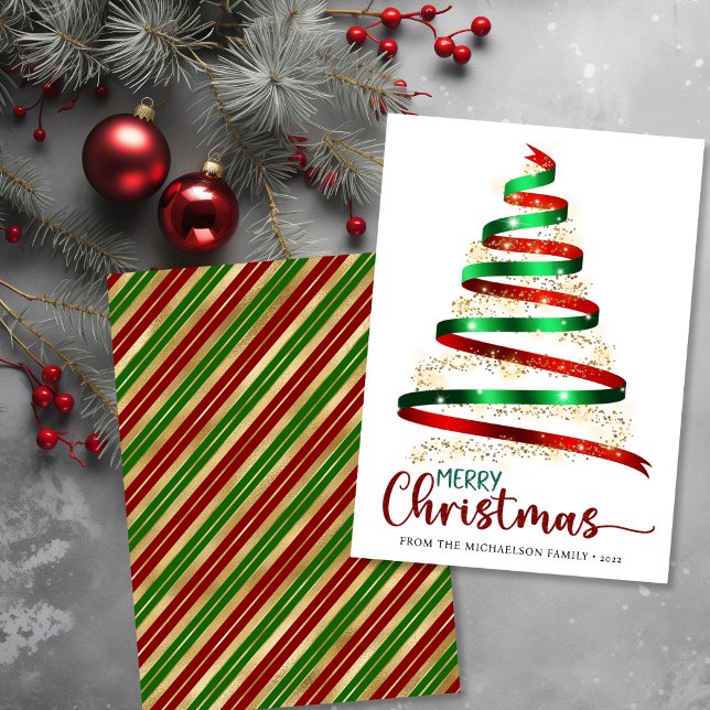 Tarjeta Festividad de Purpurina de oro de la cinta de Navi (Merry Christmas Ribbon Tree Gold Glitter Holiday Card)