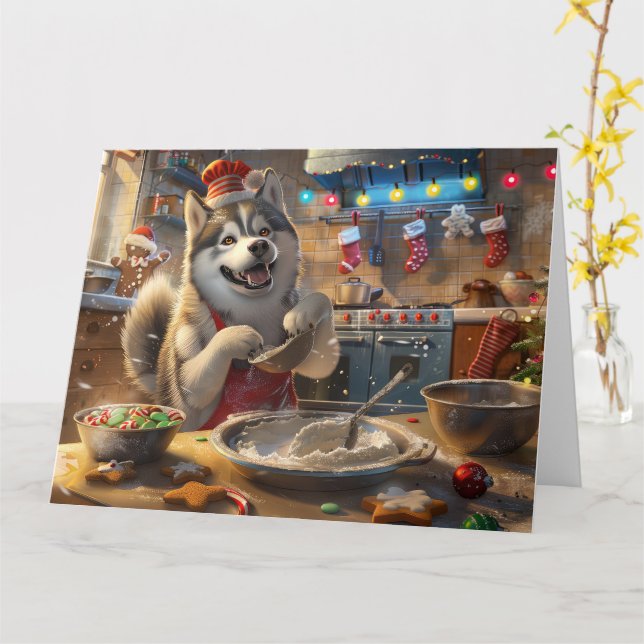 Tarjeta Festividad en Alaska Malamute: Navidades festivos (flor amarilla)