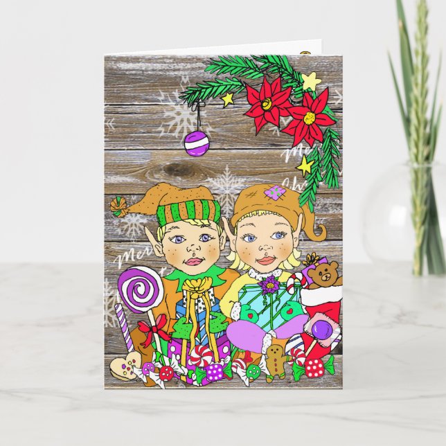 Tarjeta Festividad Feliz Chica de Navidad y Boy Elves (Anverso)