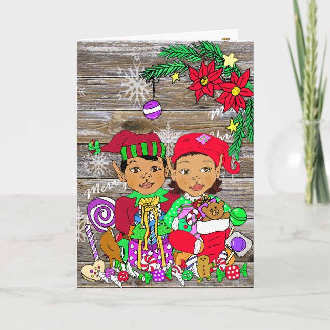 Tarjeta Festividad Feliz Navidad Elves Étnicos (Anverso)