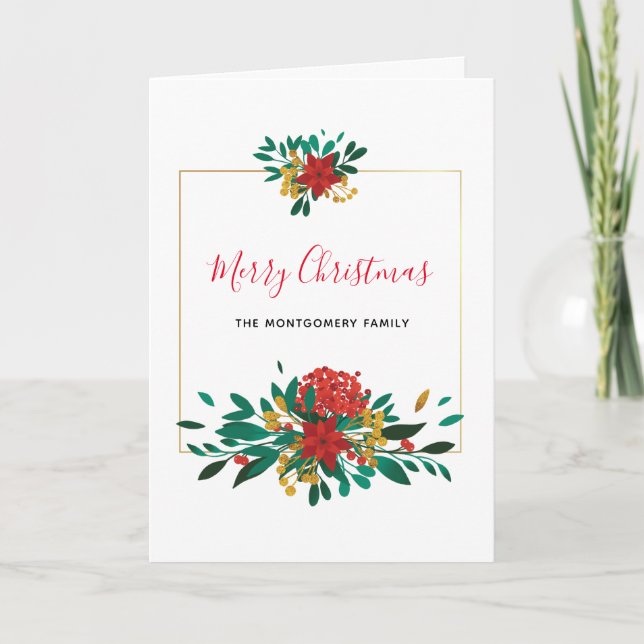Tarjeta Festividad floral de los Navidades de oro y verde  (Anverso)