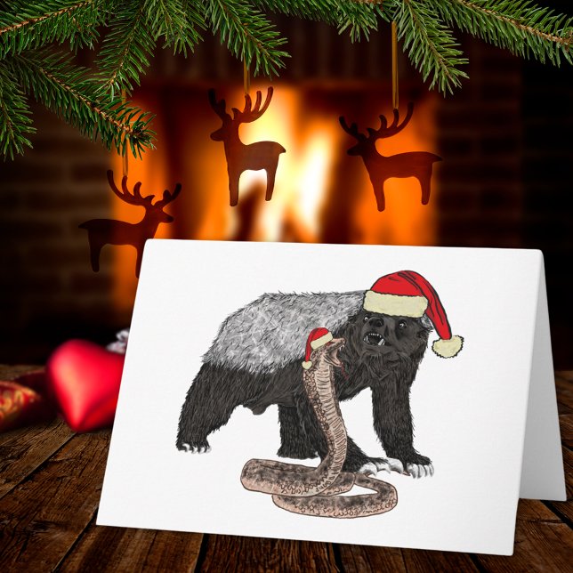 Tarjeta Festividad Navidades de Badass con la serpiente de (Christmas honey badger wearing a Santa hat holiday greetings folded card)