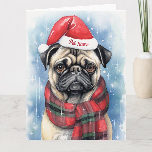 Tarjeta Festividad personalizada de Navidades Pug Santa Pa (Anverso)