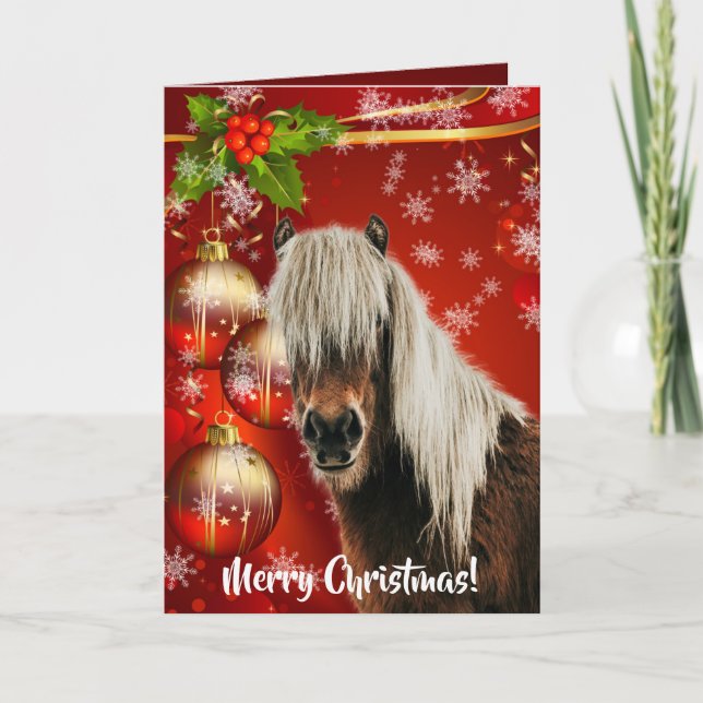 Tarjeta Festividad Retrato de Caballo Rojo Feliz Navidad (Anverso)
