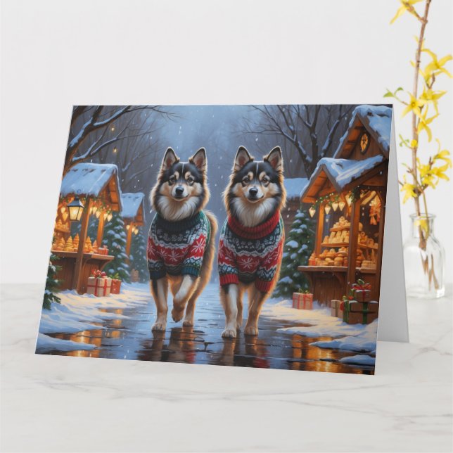 Tarjeta Festividades de nieve de Navidades de lapphund fin (flor amarilla)