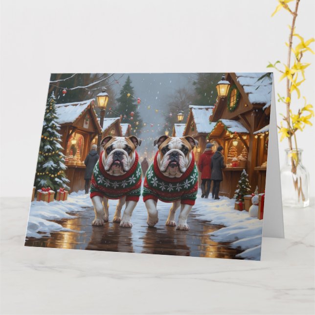 Tarjeta Festividades de nieve para Navidades de bulldoges (flor amarilla)