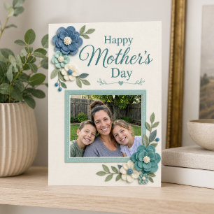 Tarjeta Fieltro Azul Floral Feliz Día de la Madre Foto de