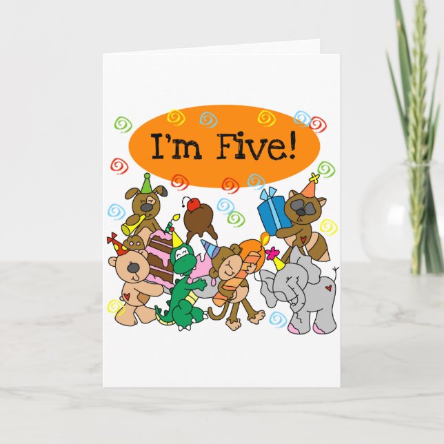 Tarjeta Fiesta Animales 5 camisetas de cumpleaños y regalo (Anverso)