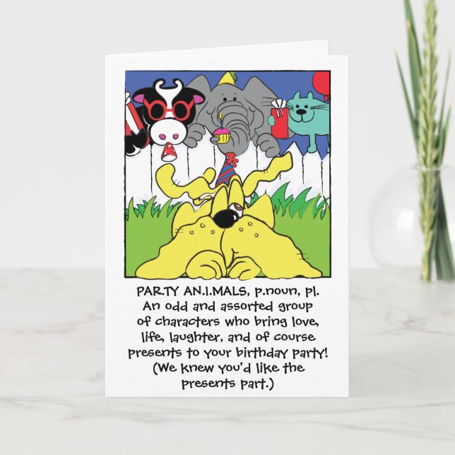 Tarjeta Fiesta Animales Gracioso Saludo de Cumpleaños (Anverso)