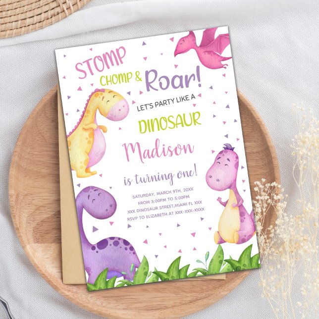 Tarjeta Fiesta atractiva para Chicas (Purple Dinosaur Birthday Invitations)