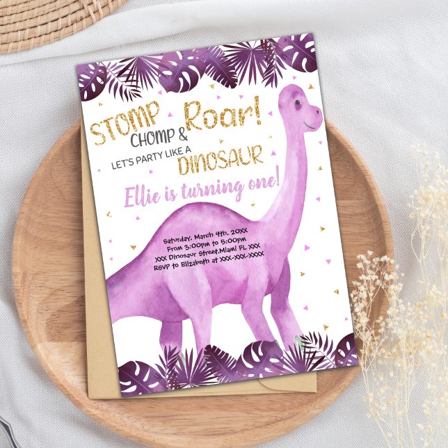 Tarjeta Fiesta atractiva para Chicas (Pink Glitter Dinosaur Birthday Invitations)