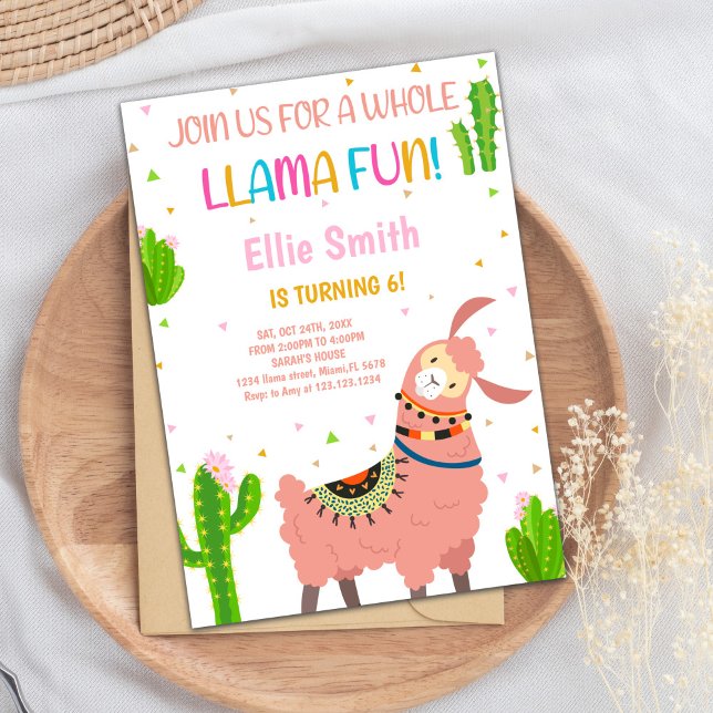 Tarjeta Fiesta Cute Fiesta para Chicas o niños peq (Pink Llama Birthday Invitations)