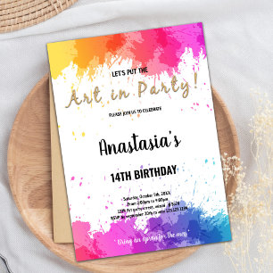 Tarjeta Fiesta de arte Chica editable con salpicad