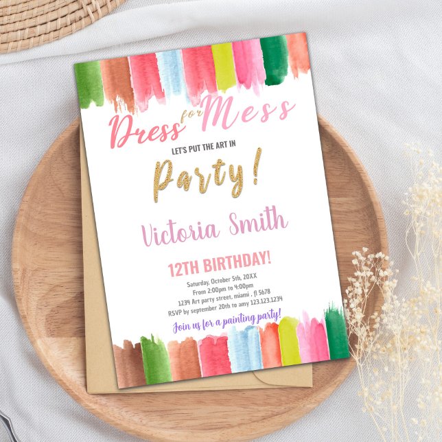 Tarjeta Fiesta de arte infantil editable con salpi (Paint watercolor Age on center Birthday Invitation)