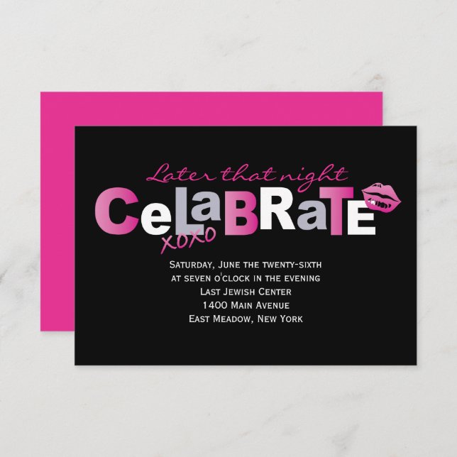 Tarjeta Fiesta de Bat Mitzvah de Bat Pink Hot Bat (Anverso / Reverso)
