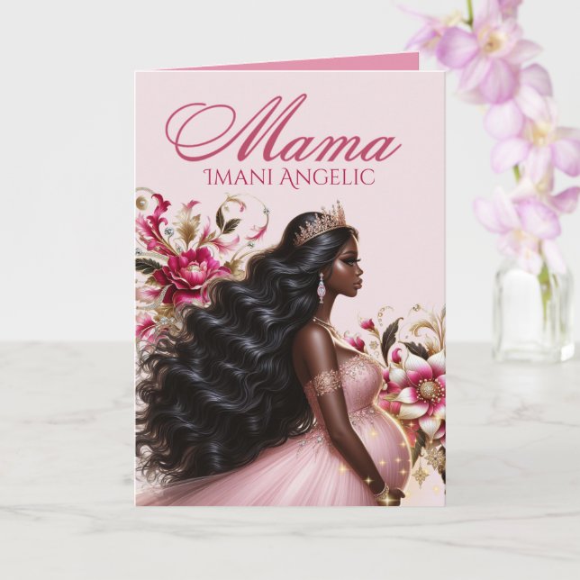 Tarjeta Fiesta de Bebé Real Rosa y Dorado para Mamá Negra (Orquídea)