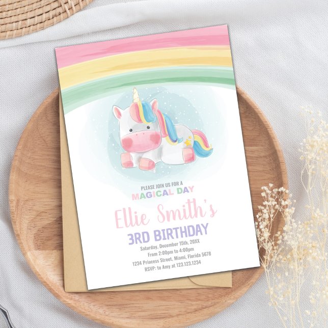 Tarjeta Fiesta de Chicas con arcoiris editable (Watercolor Unicorn Cards)