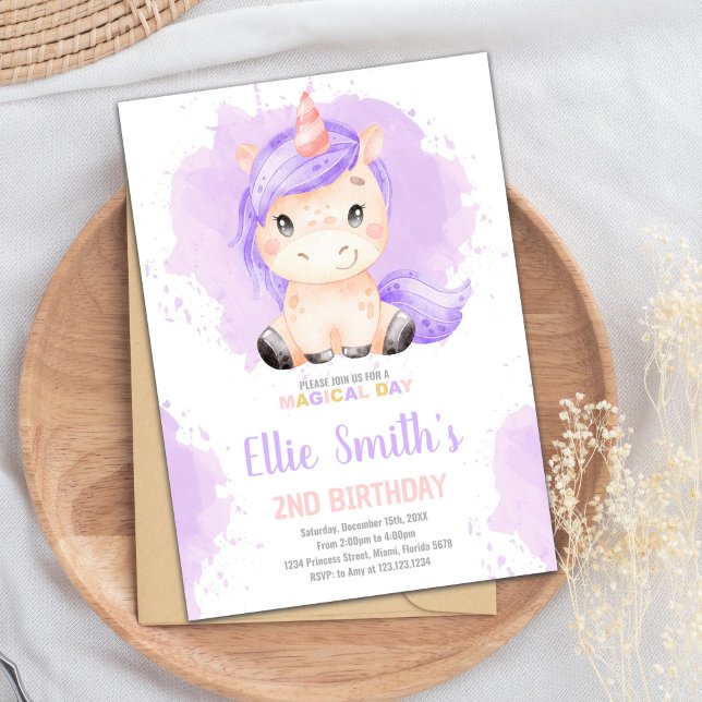 Tarjeta Fiesta de Chicas con estrellas editable (Purple Color Unicorn Birthday Invitations)