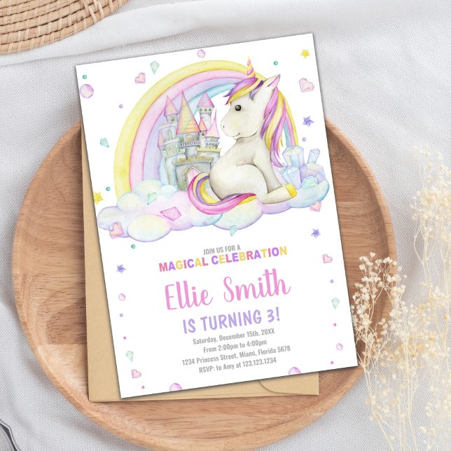 Tarjeta Fiesta de Chicas de Fantasía editable con  (Rainbow Castile Unicorn Invitations)