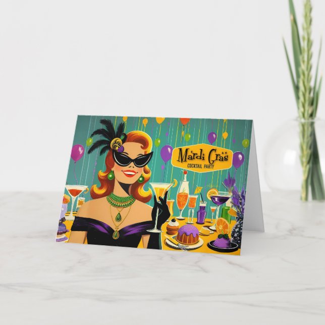 Tarjeta Fiesta de Cóctel Martini Retro 50s Mardi Gras (Anverso)