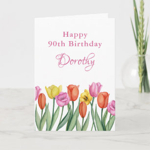 Tarjeta Fiesta de cumpleaños 90 con tulipanes acuarela