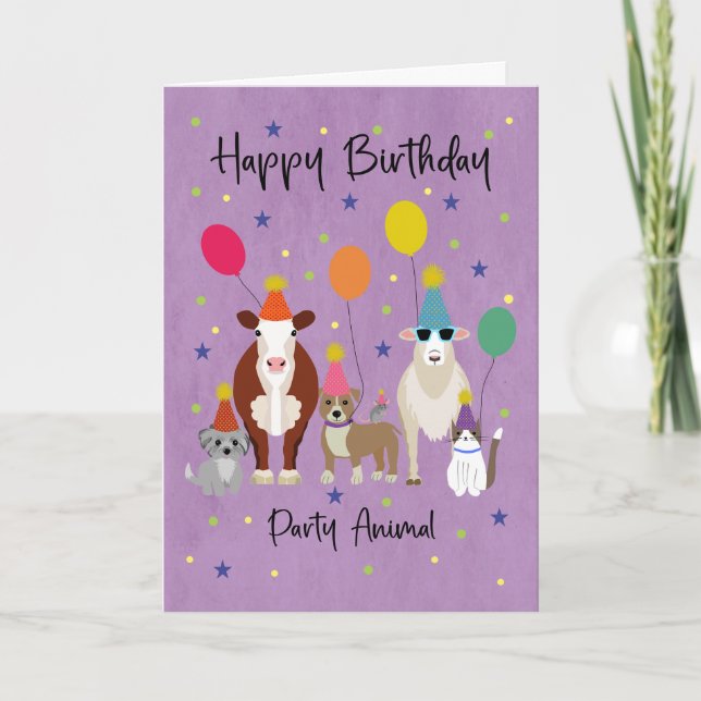 Tarjeta Fiesta de Cumpleaños Animal con Globos (Anverso)