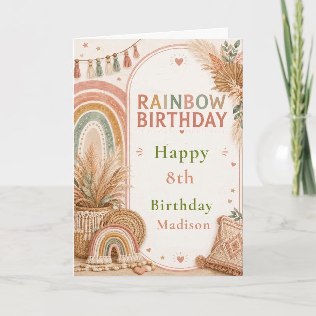 Tarjeta Fiesta de Cumpleaños Arcoíris Boho (Anverso)