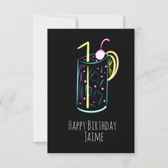Tarjeta Fiesta de Cumpleaños Bebida de Neón Negra (Anverso)