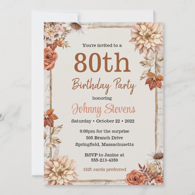 Tarjeta Fiesta de Cumpleaños con Follaje Otoñal Vintage (Anverso)