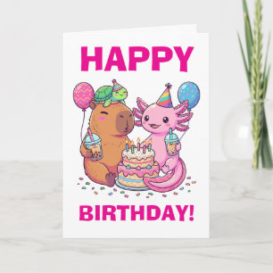 Tarjeta Fiesta de Cumpleaños de Capybara Kawaii y Axolotl