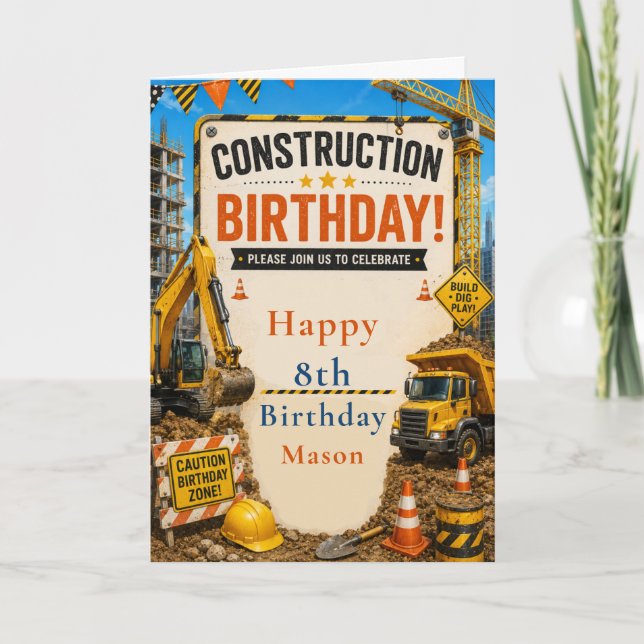 Tarjeta Fiesta de cumpleaños de construcción (Anverso)