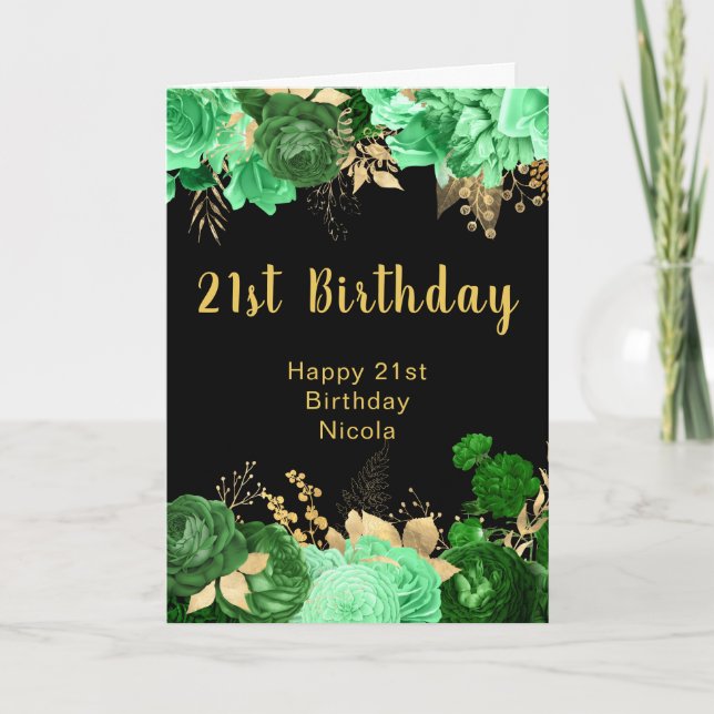 Tarjeta Fiesta de Cumpleaños de Flores Verdes y Doradas El (Anverso)