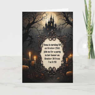 Tarjeta Fiesta de cumpleaños de Halloween en el castillo y