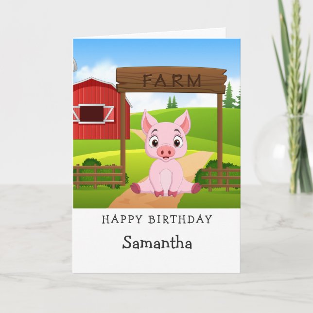 Tarjeta Fiesta de Cumpleaños de la Cerda Rosa Emocionante (Anverso)